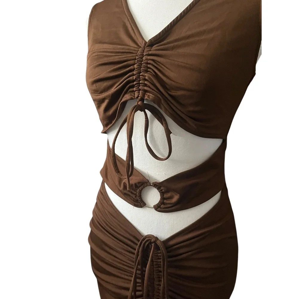 White Fox Brown Cutout Mini Dress‎ Ruched Bodycon Sleeveless Party Cocktail Sz M